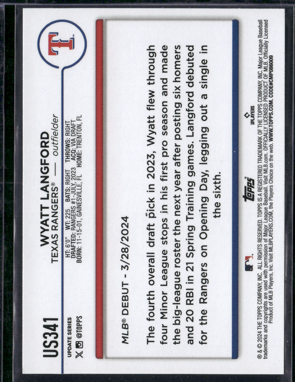 2024 Topps Update WYATT LANGFORD RC #US341 Rookie Debut