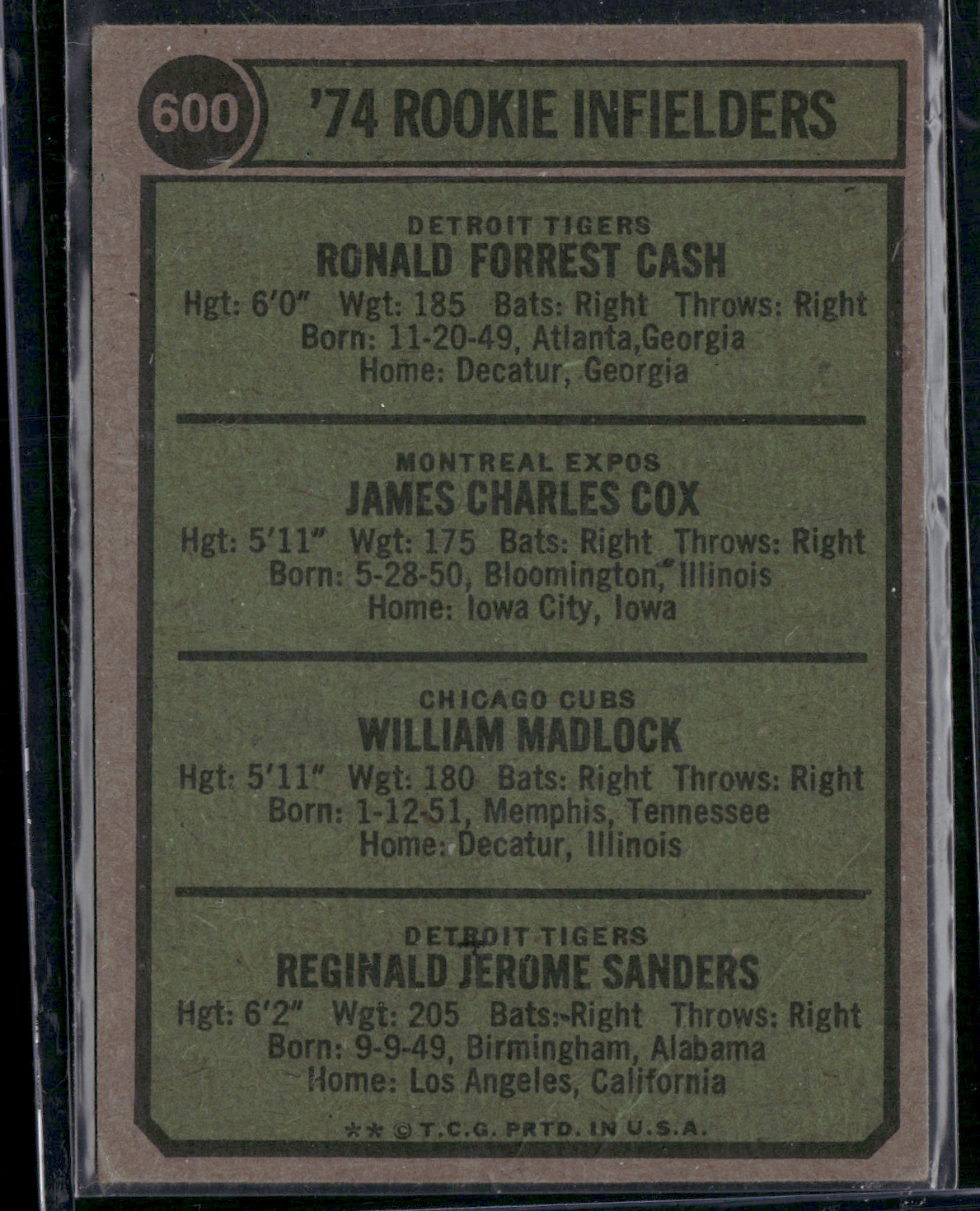 1974 Topps RON CASH/JIM COX/BILL MADLOCK/REGGIE SANDERS #600 Rookie Infielders