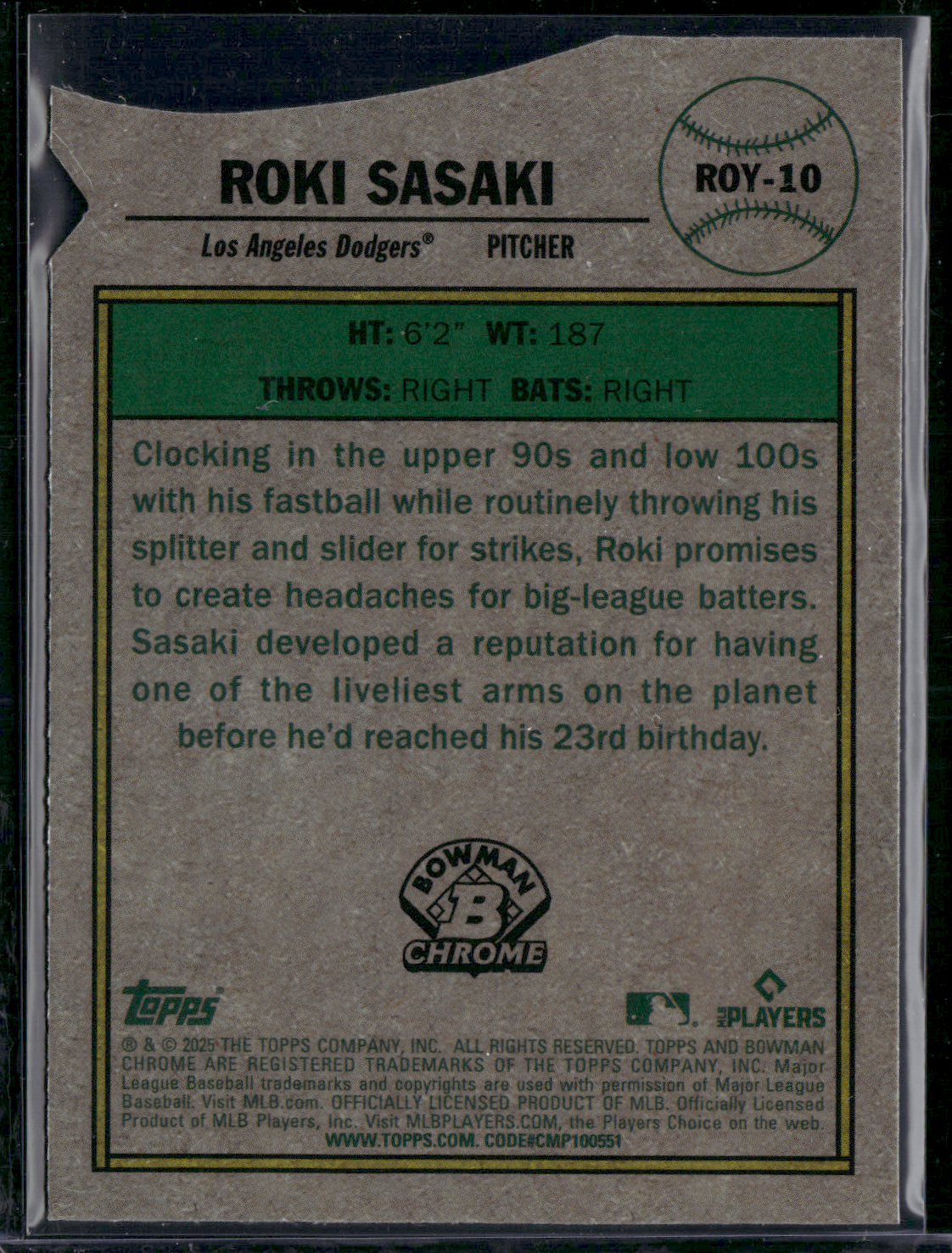 2025 Bowman ROKI SASAKI RC #ROY-10 Rookie Of The Year Favorite