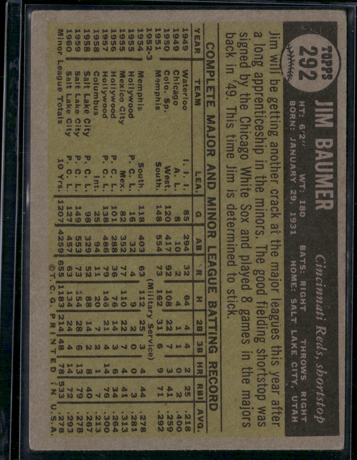 1961 Topps JIM BAUMER #292 Rookie Card RC