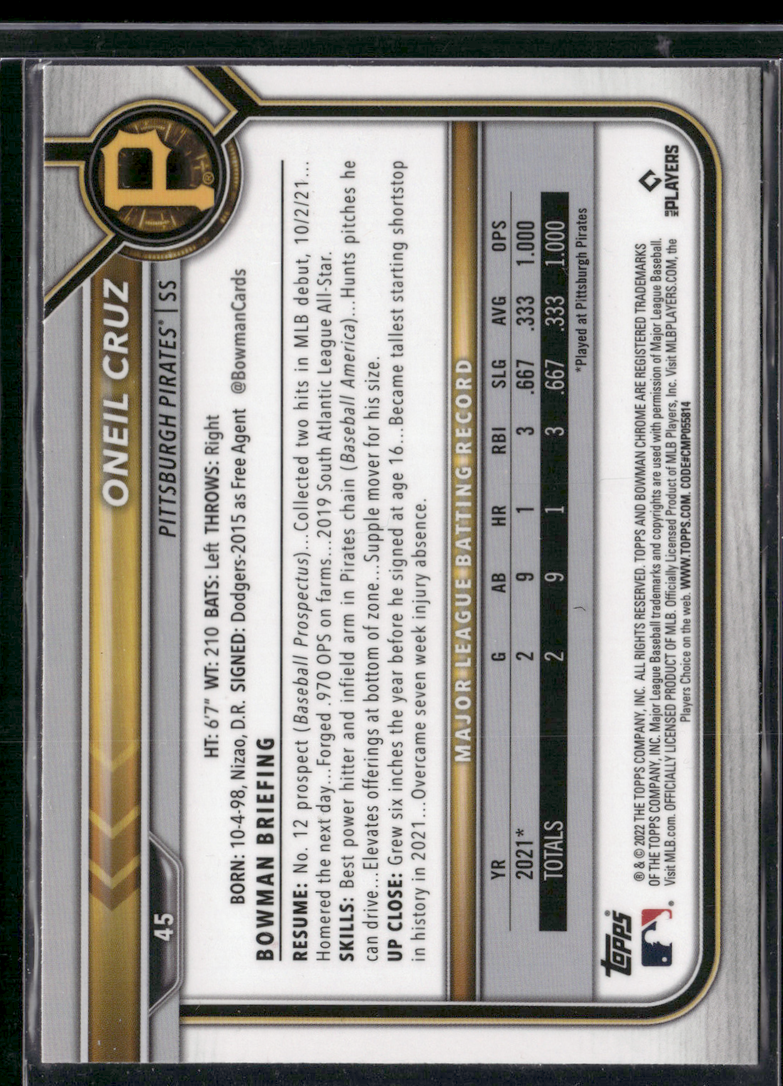 2022 Bowman Chrome ONEIL CRUZ #45 Rookie RC