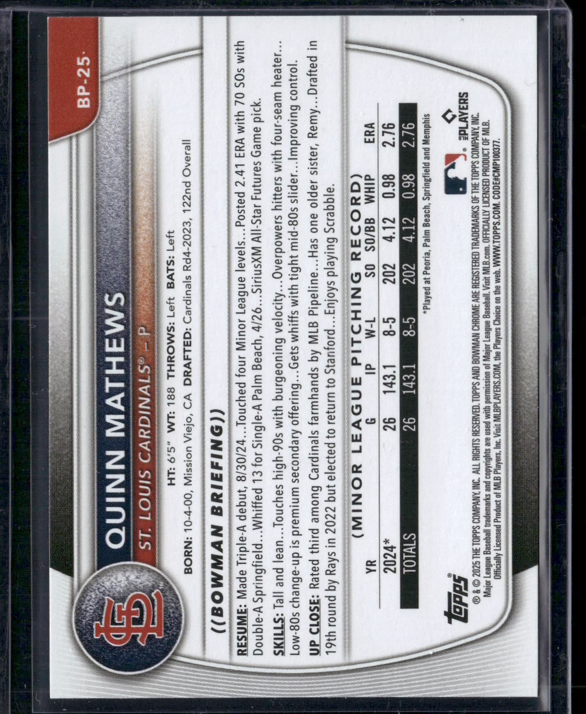 2025 Bowman QUINN MATHEWS #BP-25 1st Bowman