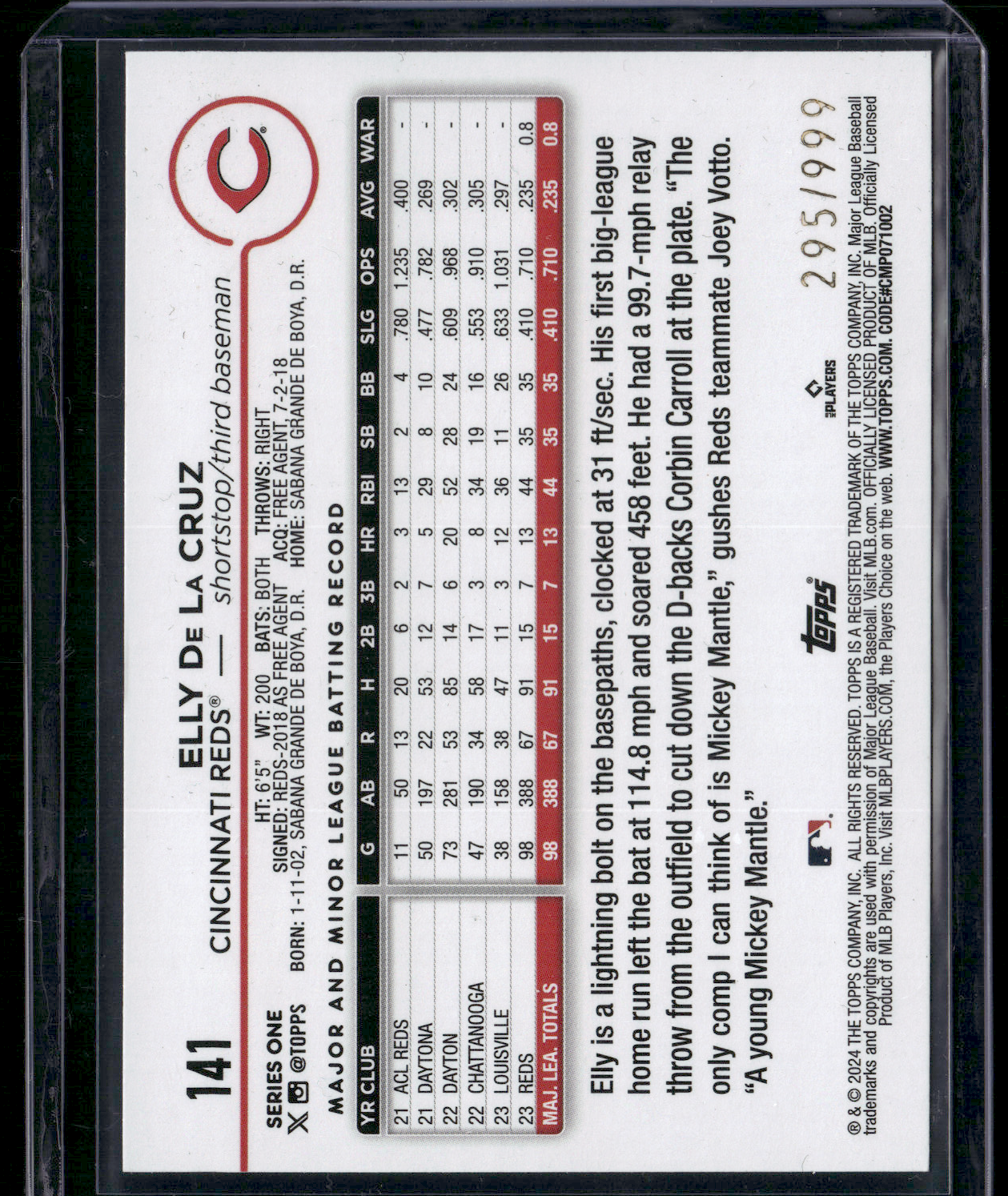 2024 Topps ELLY DE LA CRUZ #141 Blue Holofoil 295/999 Rookie RC
