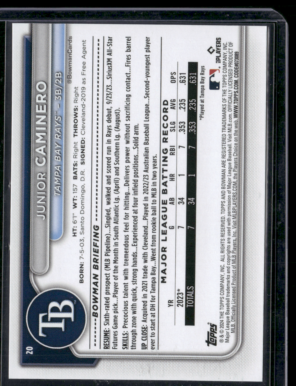 2024 Bowman JUNIOR CAMINERO RC #20 Rookie Card