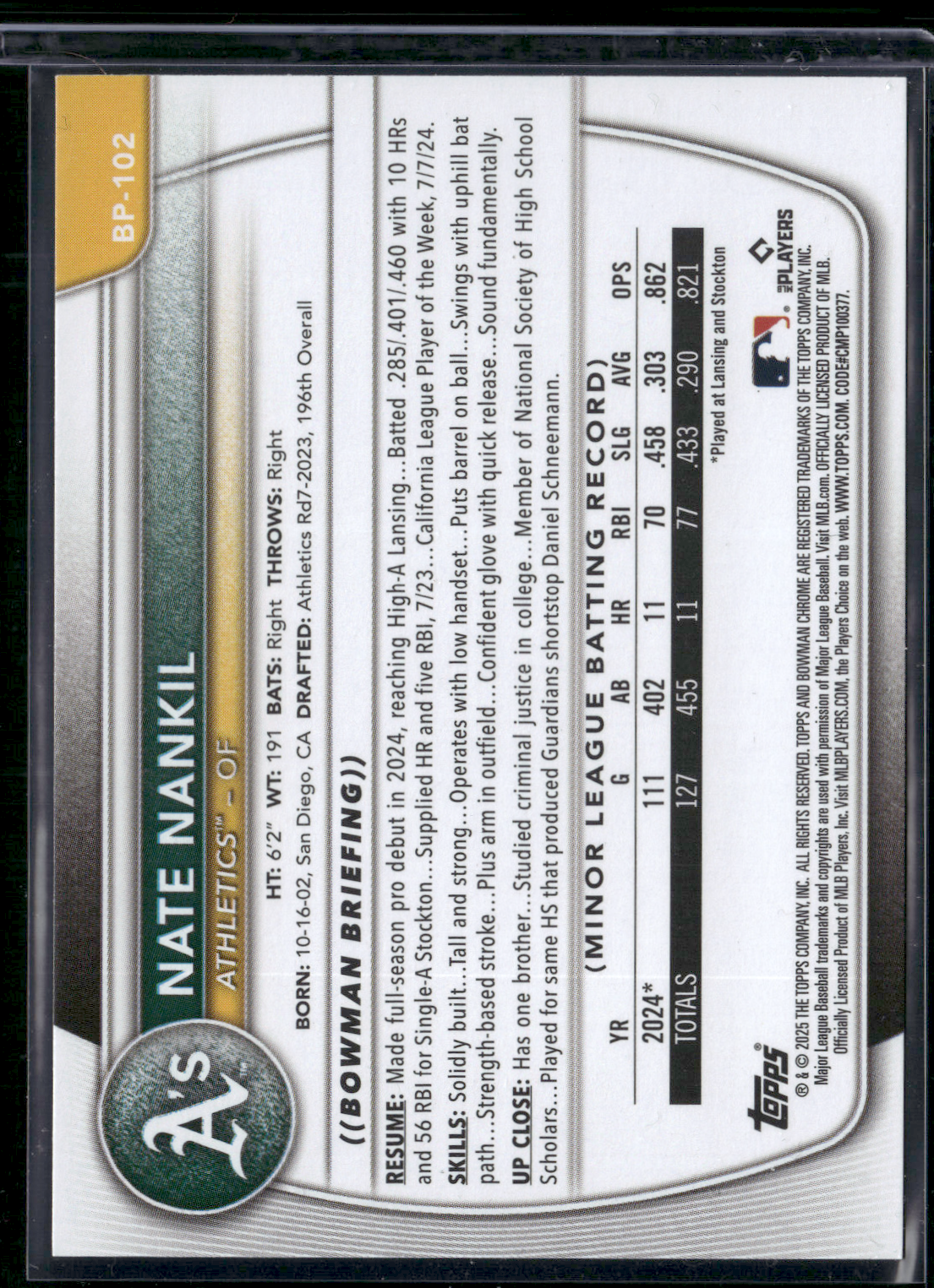 2025 Bowman NATE NANKIL #BP-102 1st Bowman