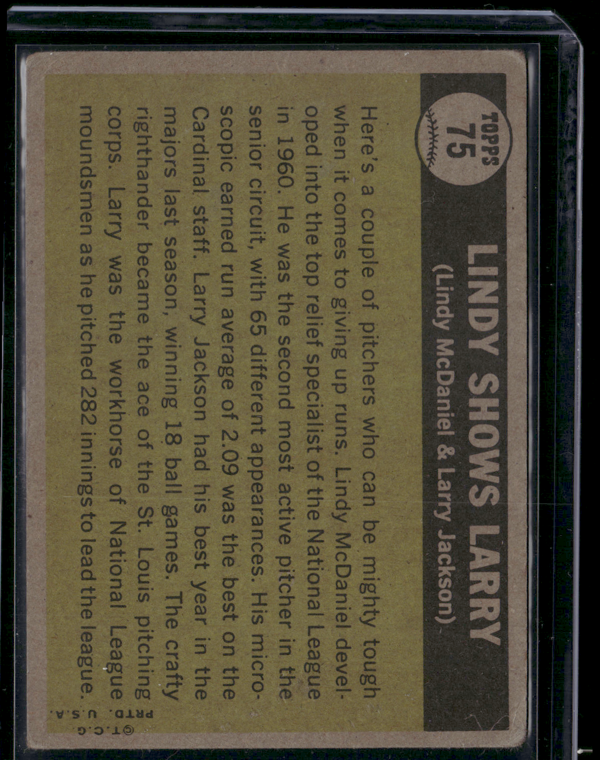 1961 Topps LINDY MCDANIEL/LARRY JACKSON #75 Lindy Shows Larry