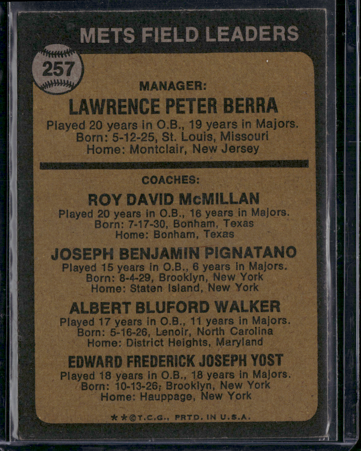 1973 Topps YOGI BERRA #257
