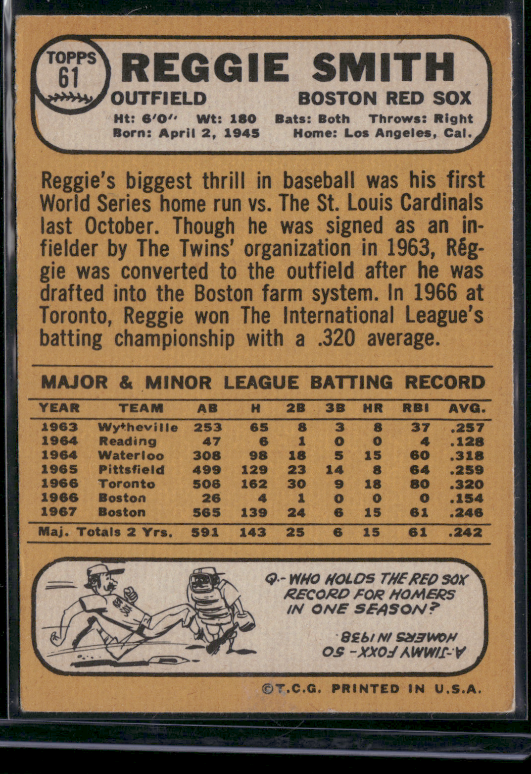 1968 Topps REGGIE SMITH #61 All Star Rookie Cup