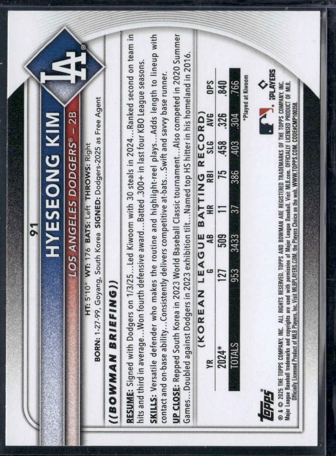 2025 Bowman HYESEONG KIM Rookie Card RC #91
