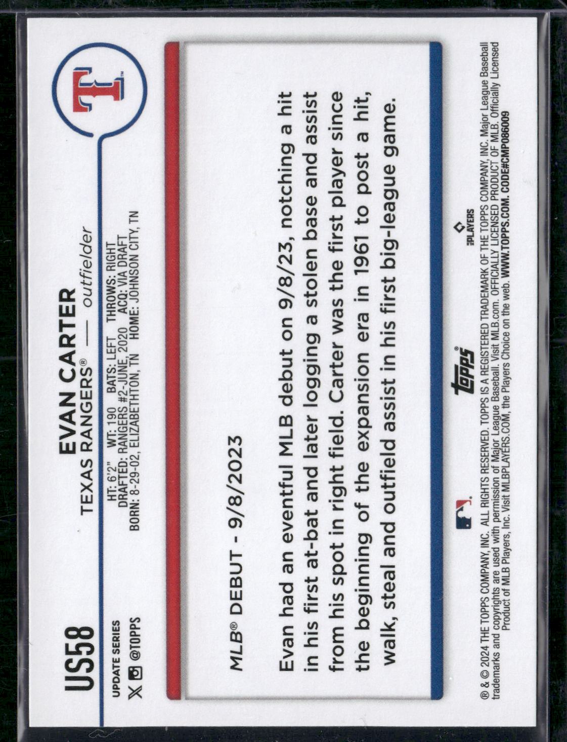 2024 Topps Update EVAN CARTER RC #US58 Rookie Debut