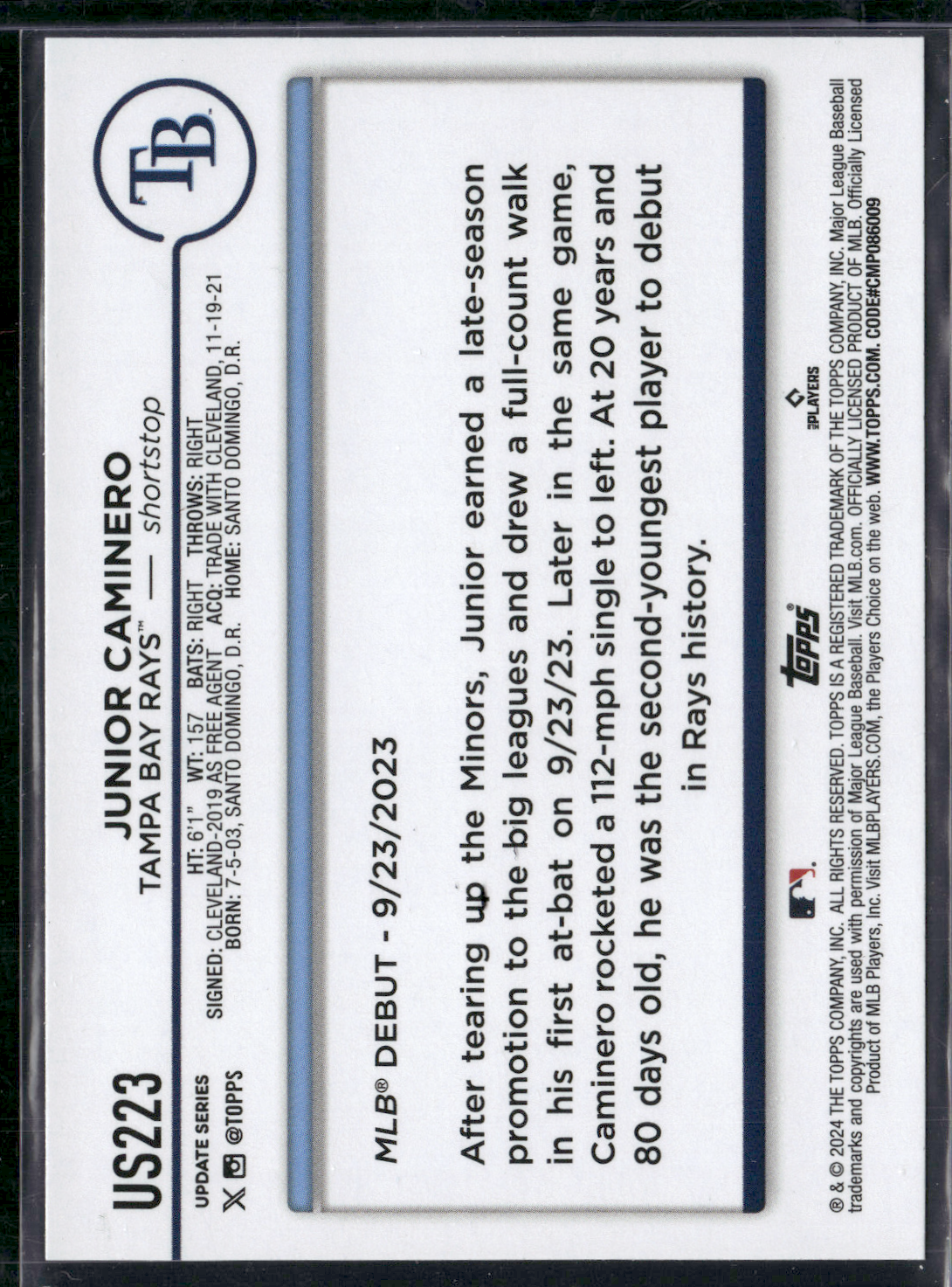2024 Topps Update JUNIOR CAMINERO RC #US223 Rookie Debut