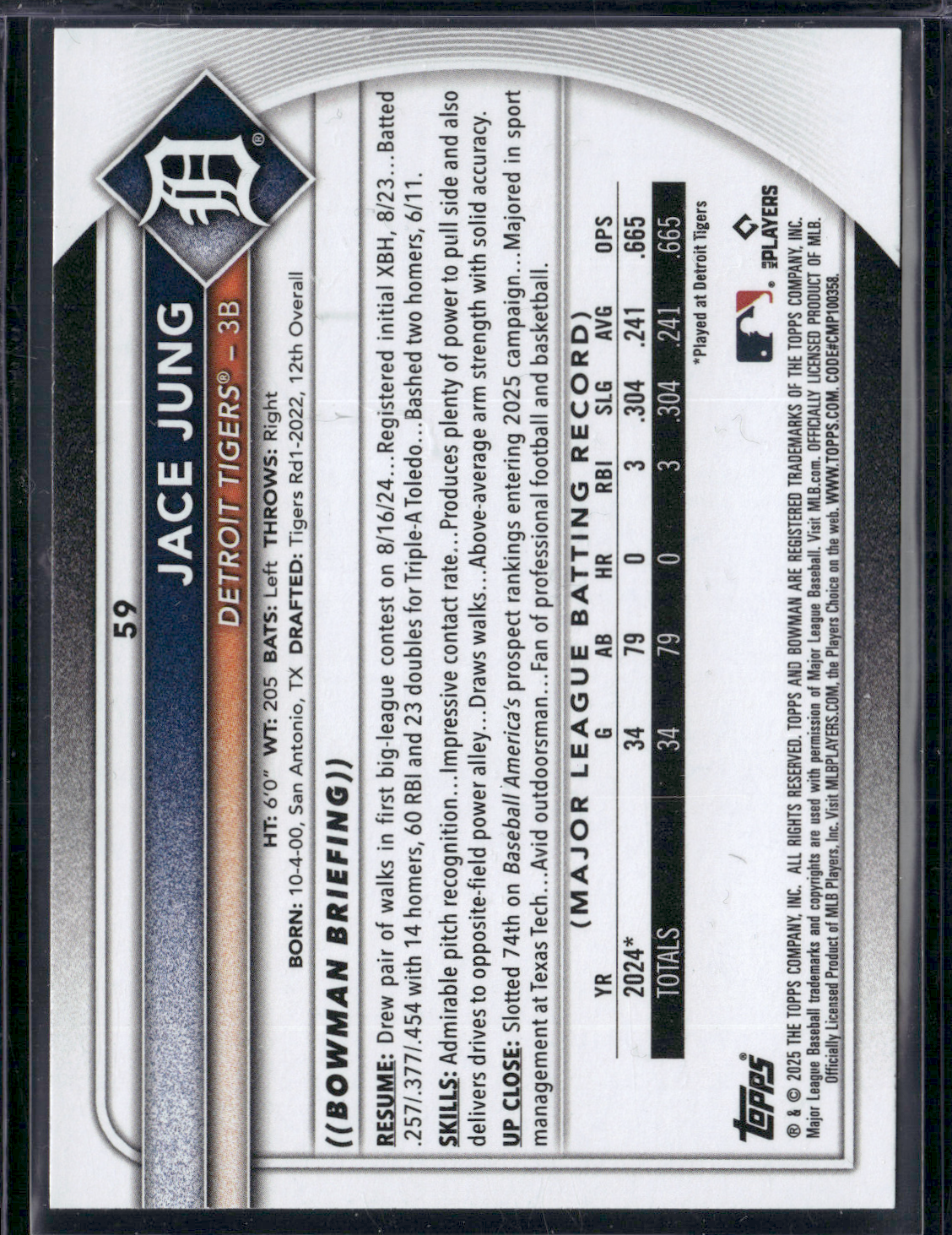 2025 Bowman JACE JUNG Rookie Card RC #59