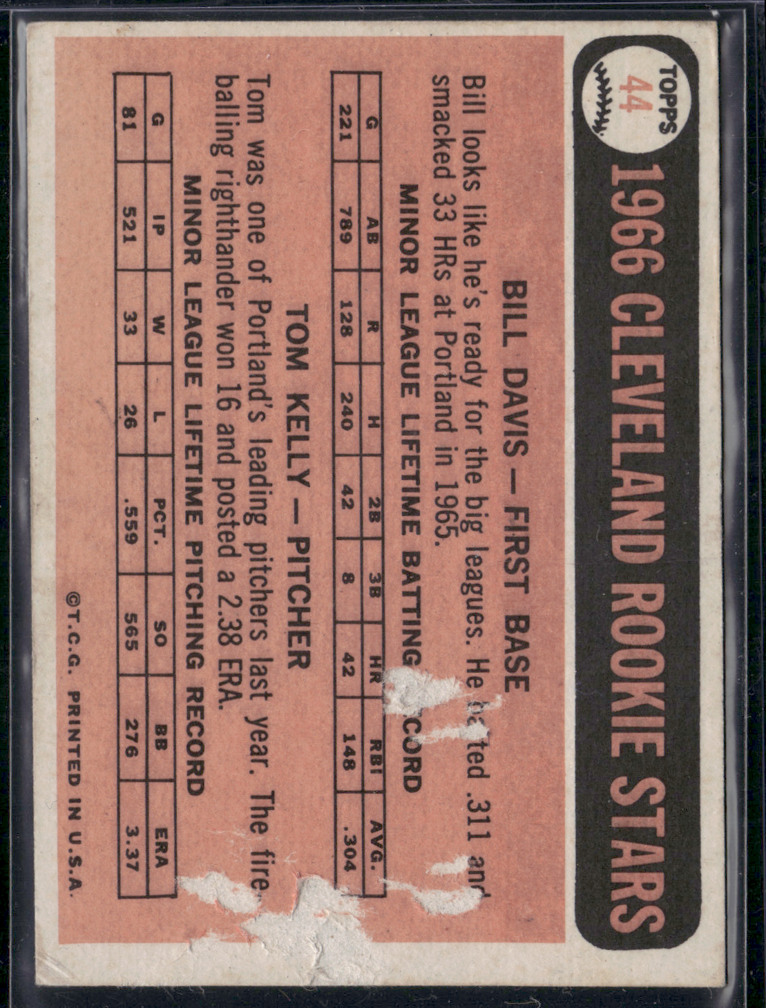 1966 Topps 1966 INDIANS ROOKIE STARS BILL DAVIS/TOM KELLEY #44 PAPERLOSS ON BACK
