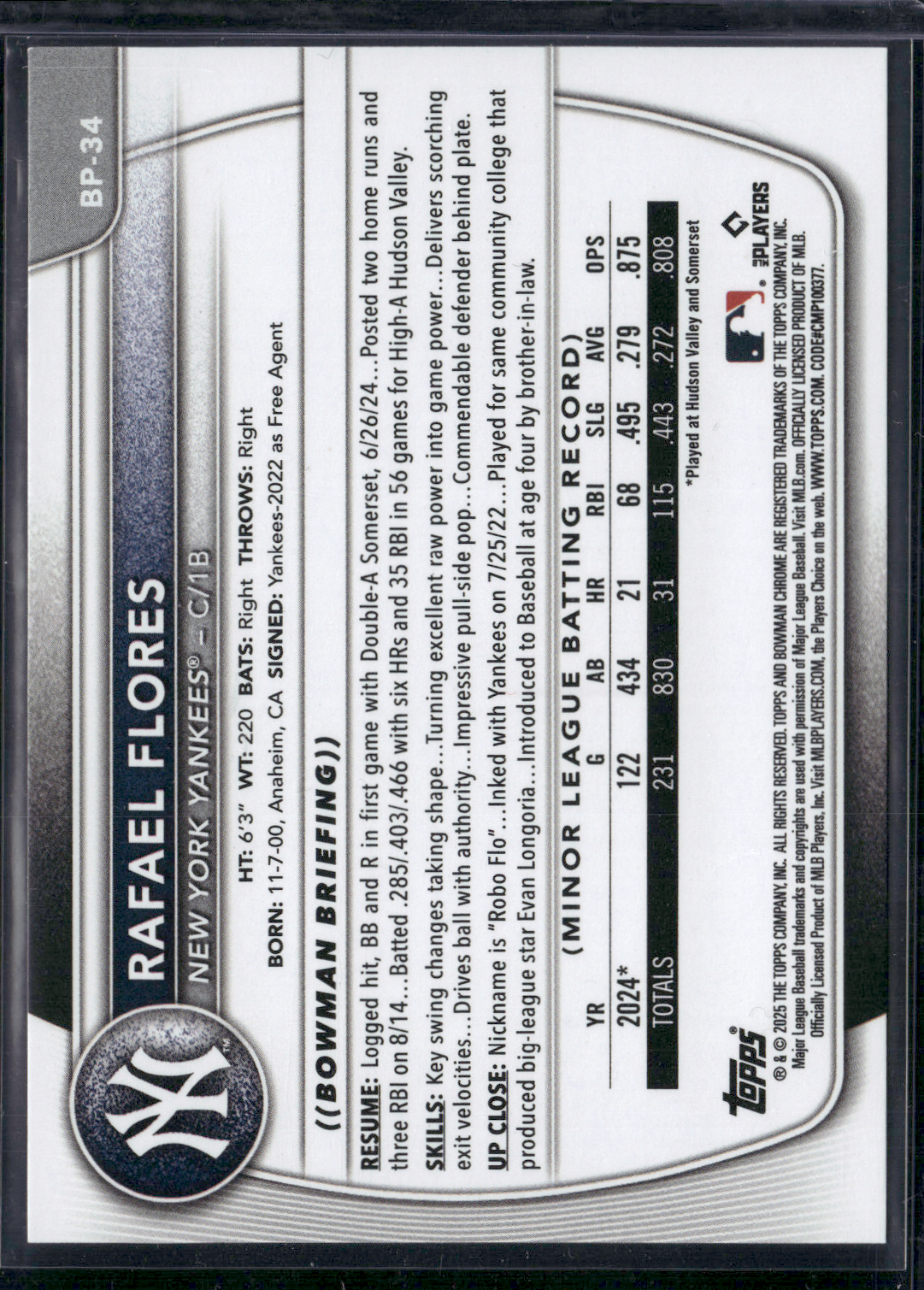 2025 Bowman RAFAEL FLORES #BP-34 1st Bowman