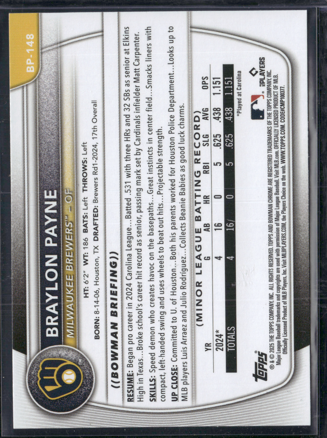 2025 Bowman BRAYLON PAYNE #BP-148