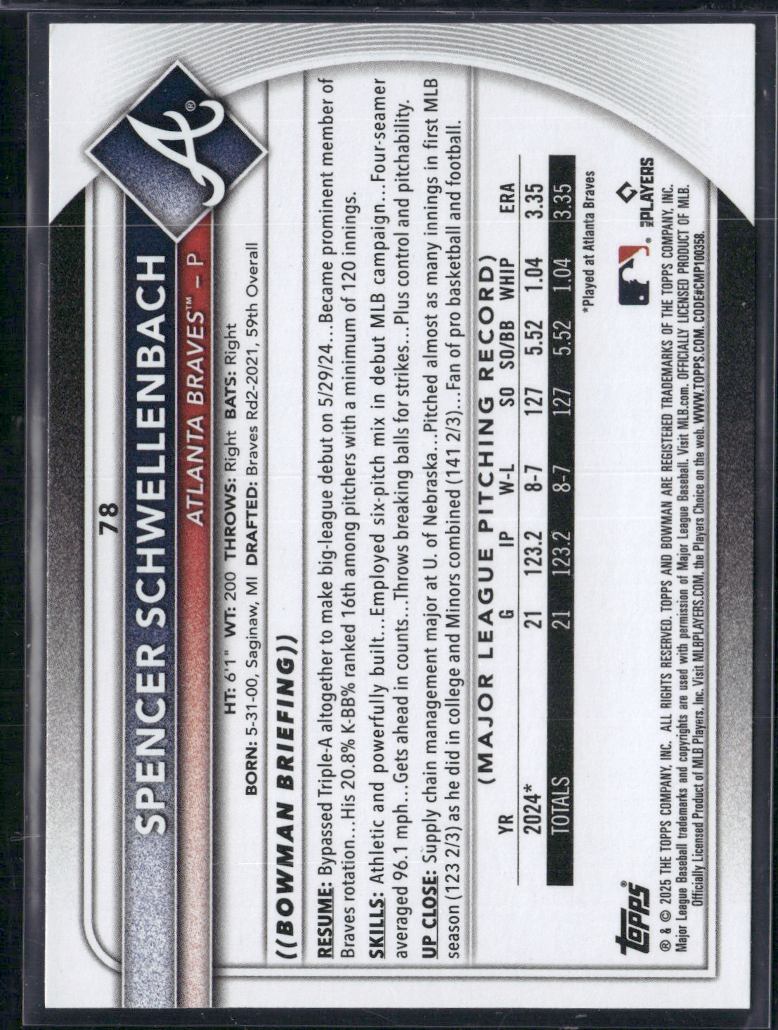 2025 Bowman SPENCER SCHWELLENBACH #78 Rookie Card RC