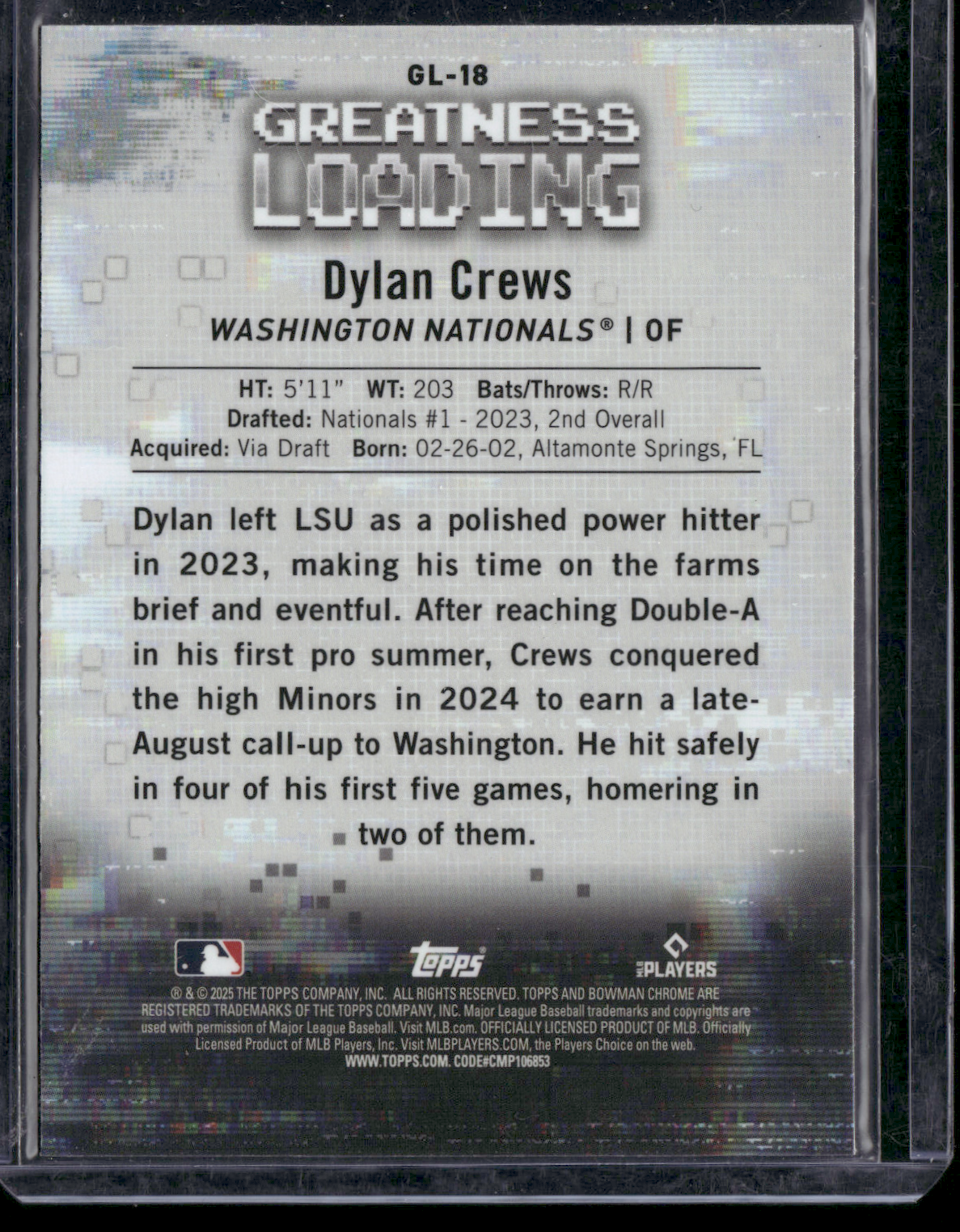 2025 Bowman DYLAN CREWS #GL-18 GREATNESS LOADING Chrome Rookie RC