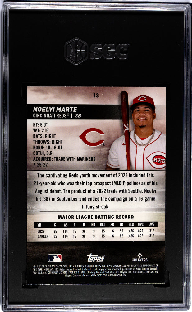 2024 Topps Stadium Club NOELVI MARTE #13 Red Foil SGC 9 Rookie Card RC
