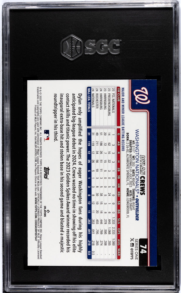 2025 Topps DYLAN CREWS #74 SGC 10 Rookie RC