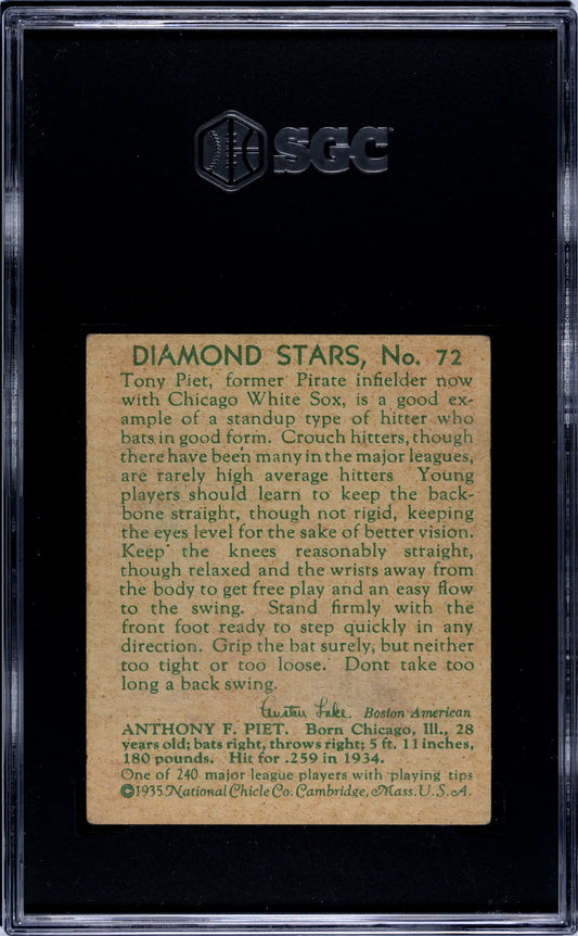 1934 Diamond Stars TONY PIET #72 1935 SGC 2.5