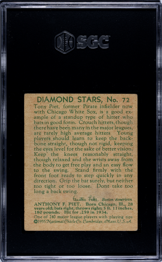 1934 Diamond Stars TONY PIET #72 1935 SGC 2.5