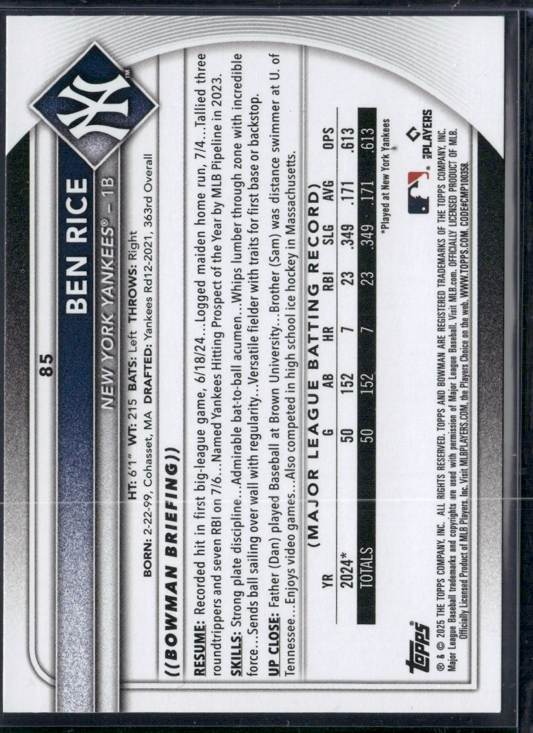 2025 Bowman BEN RICE Rookie Card RC #85