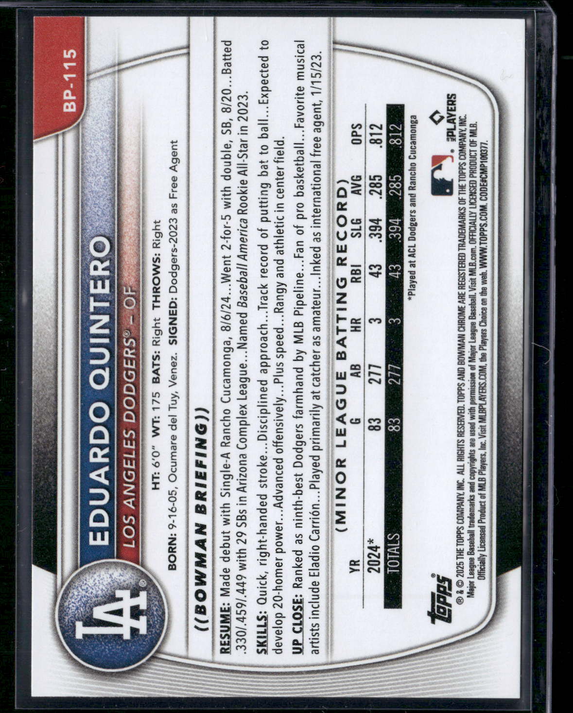 2025 Bowman EDUARDO QUINTERO #BP-115 1st Bowman