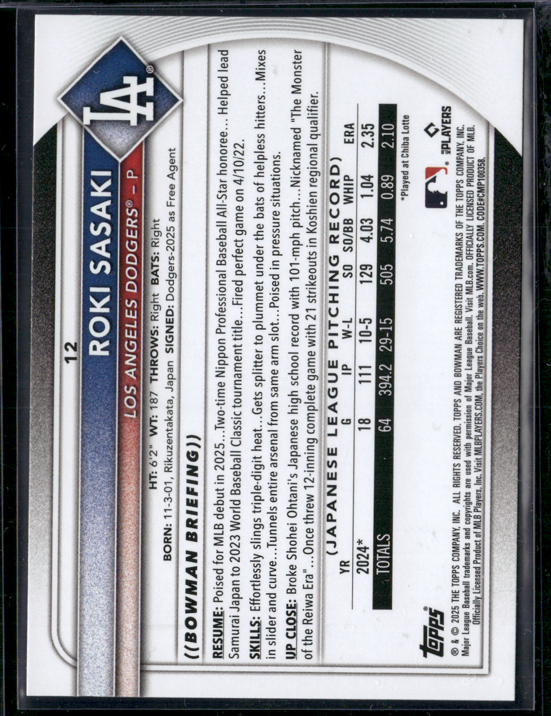 2025 Bowman ROKI SASAKI Rookie Card RC #12