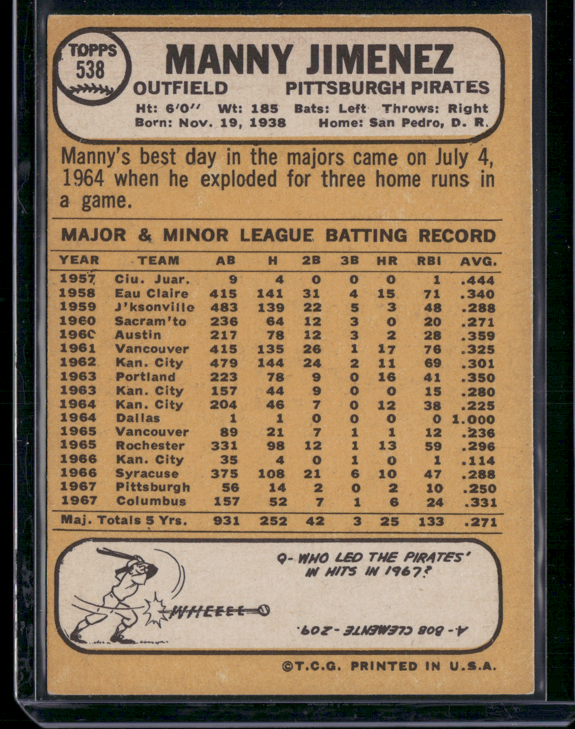 1968 Topps MANNY JIMENEZ #538