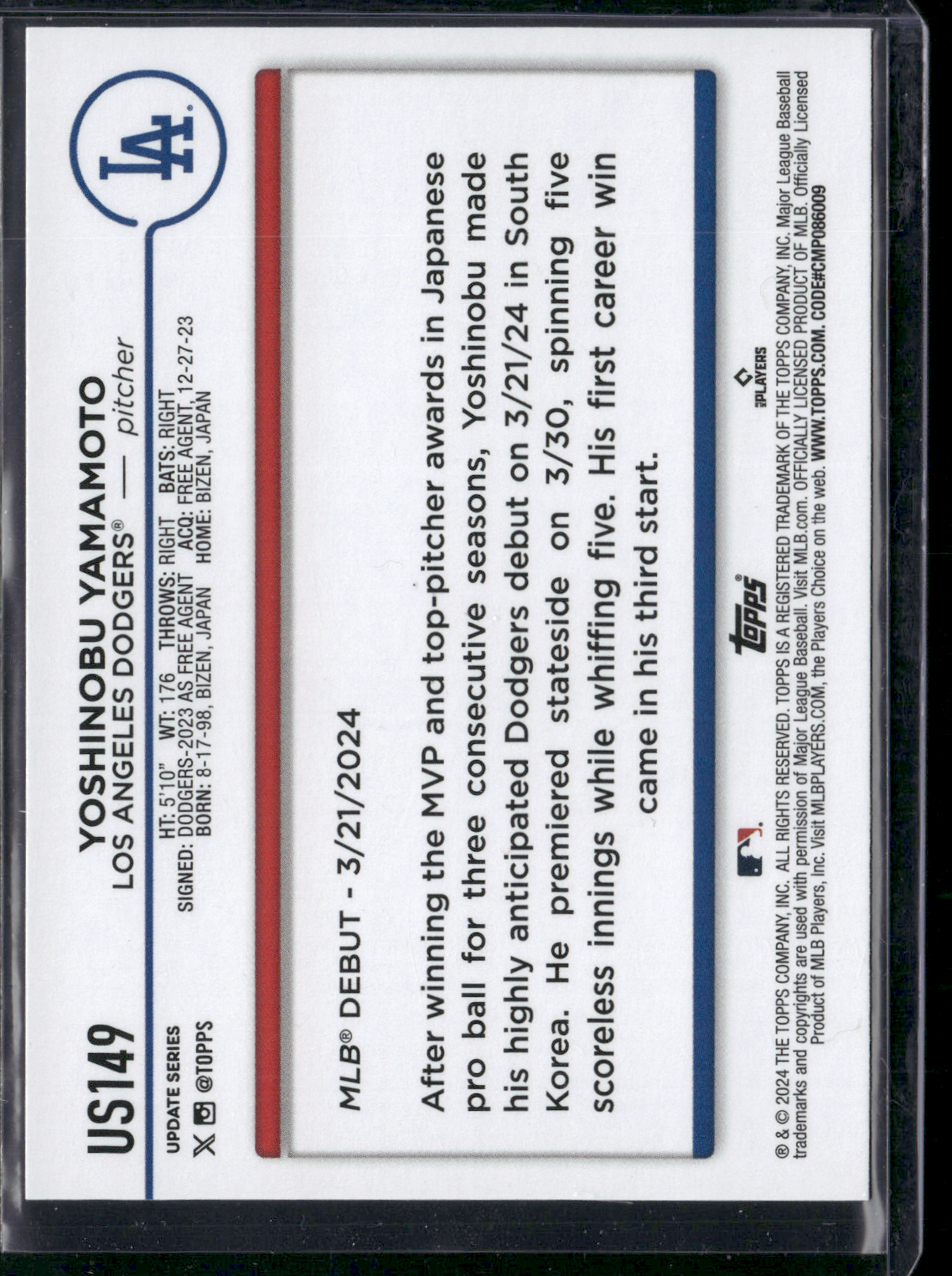 2024 Topps Update YOSHINOBU YAMAMOTO RC #US149 Rookie Debut