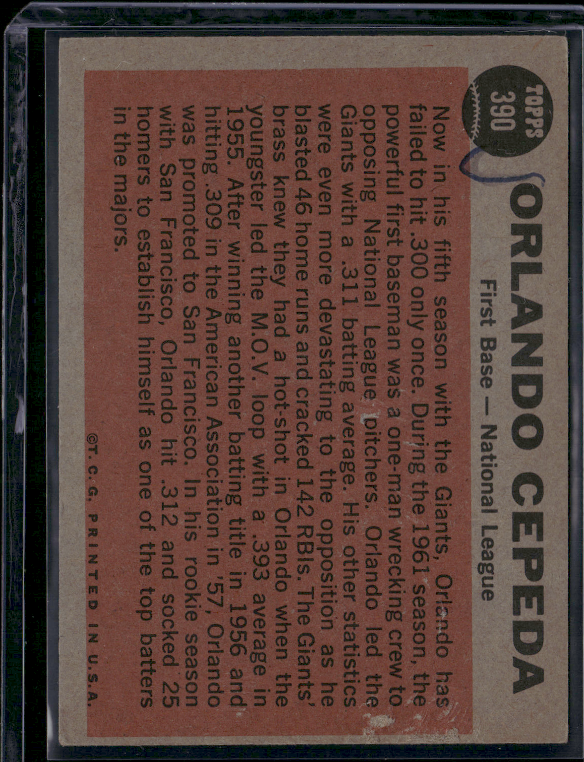 1962 Topps ORLANDO CEPEDA #390 NL ALL STAR