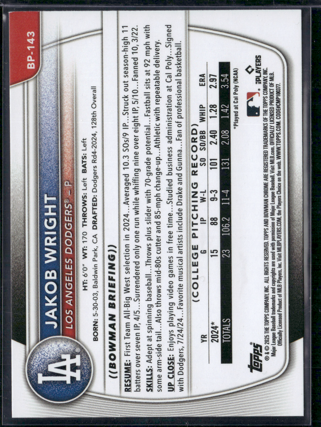 2025 Bowman JAKOB WRIGHT #BP-143 1st Bowman