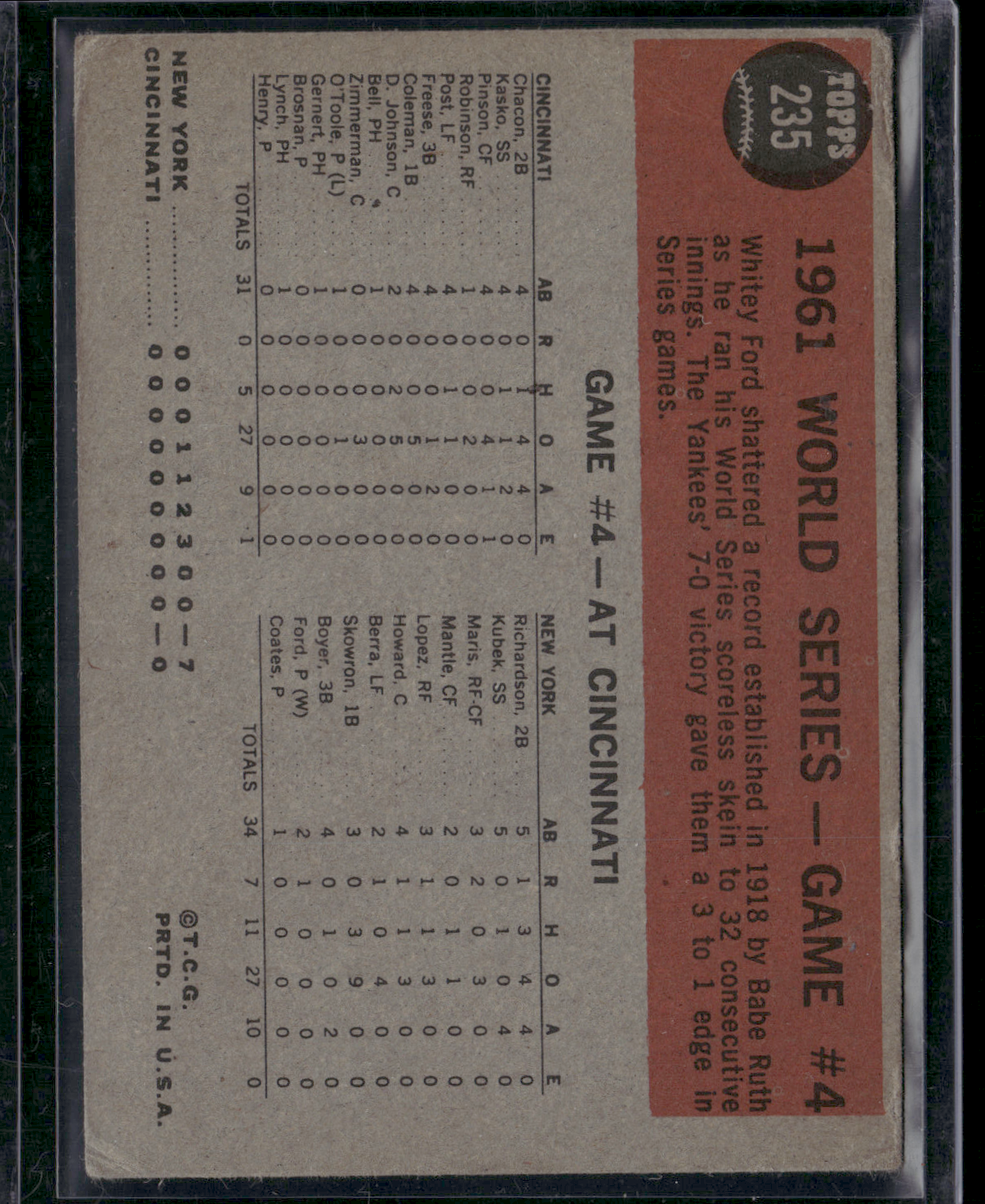 1962 Topps WHITEY FORD #235 Ford Sets New Mark