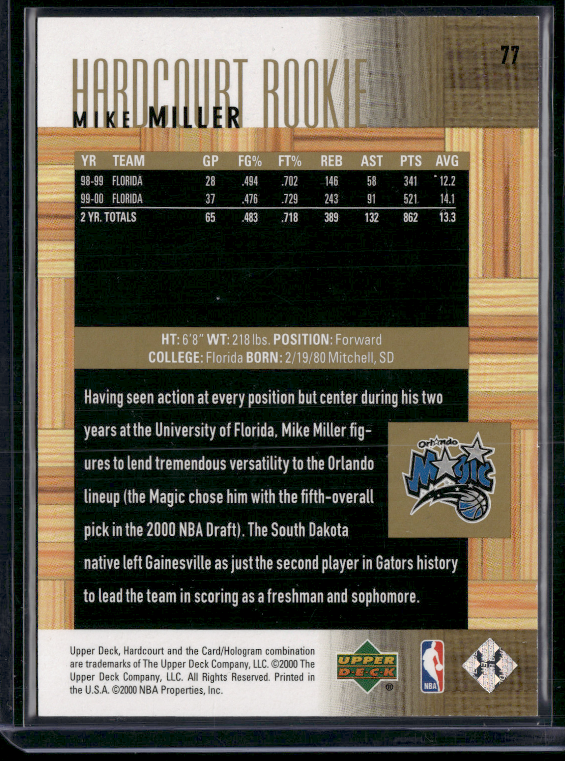 2000 Upper Deck MIKE MILLER #77 Hardcourt Rookie 537/900 (NM)