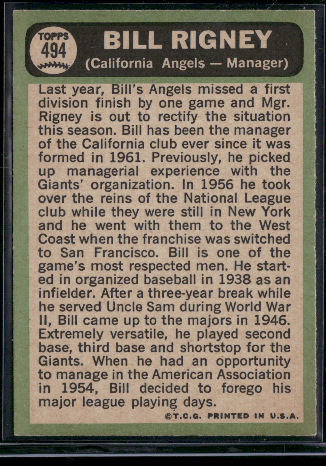 1967 Topps BILL RIGNEY #494