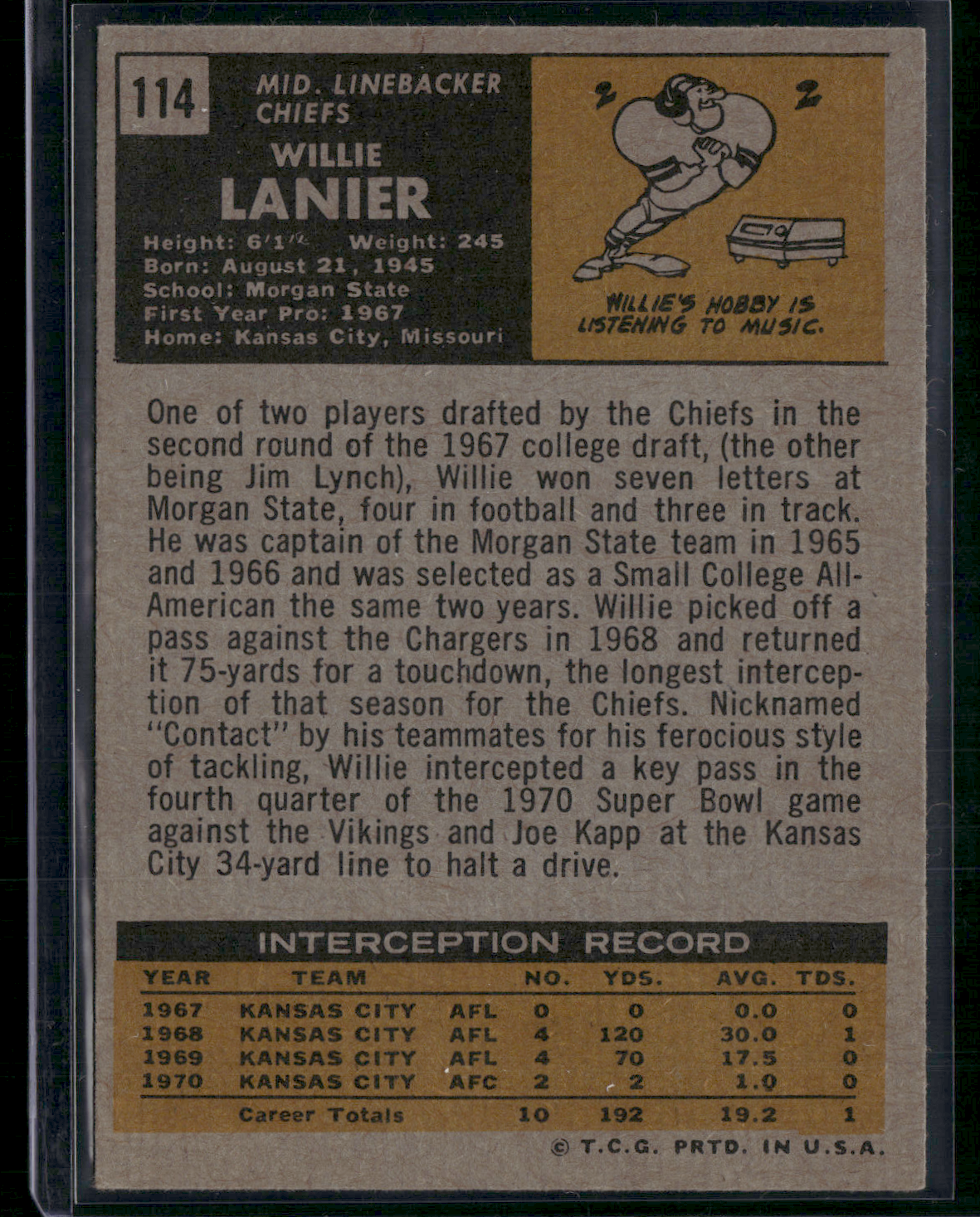 1971 Topps WILLIE LANIER #114 (EX-EX/MT)