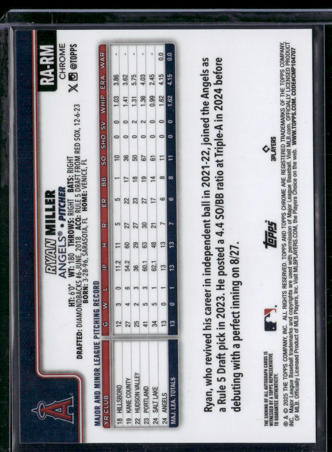 2025 Topps Chrome RYAN MILLER #RA-RM AUTO Rookie RC