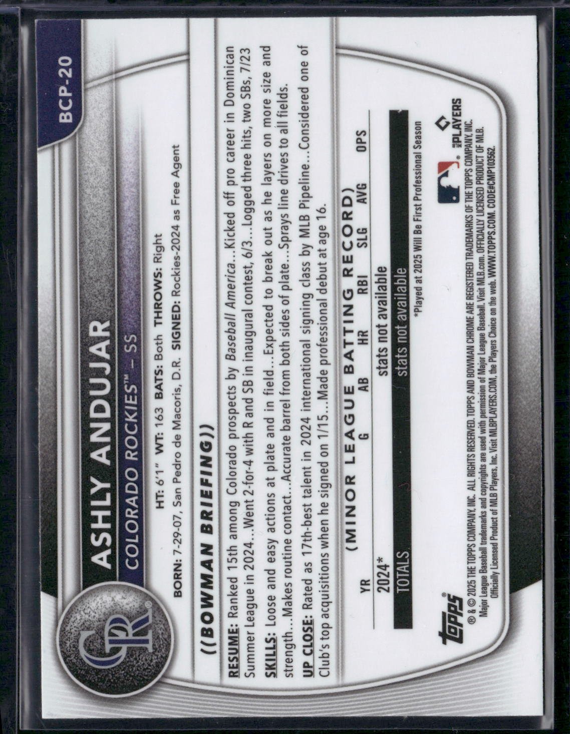 2025 Bowman ASHLY ANDUJAR #BCP-20 Chrome Mojo 1st Bowman