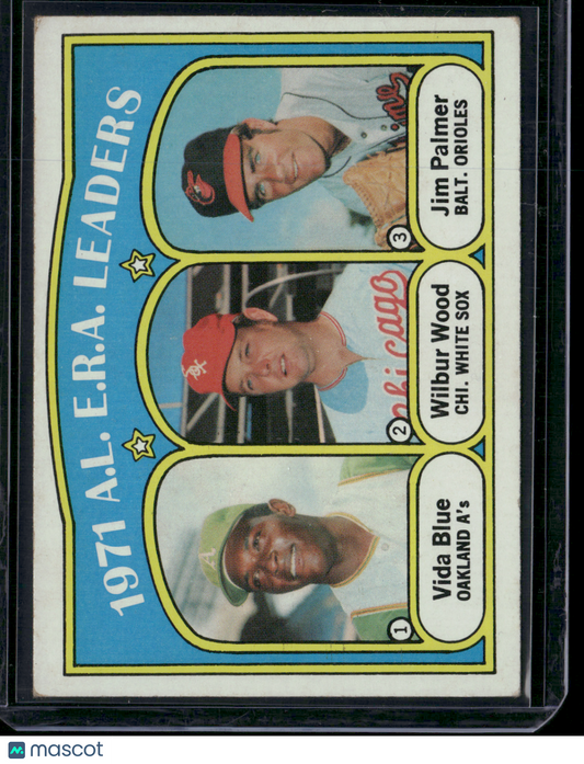 1972 Topps JIM PALMER/VIDA BLUE/WILBUR WOOD #92 1971 AL ERA Leaders (VG-VG/EX)