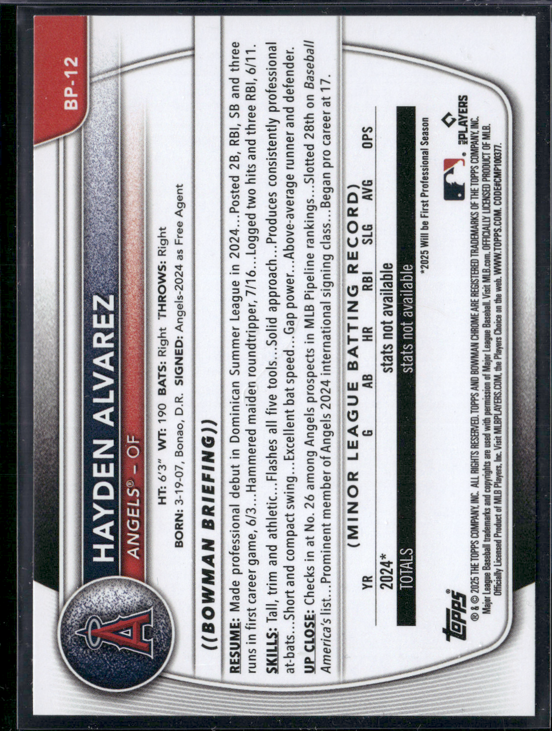 2025 Bowman HAYDEN ALVAREZ #BP-12 1st Bowman