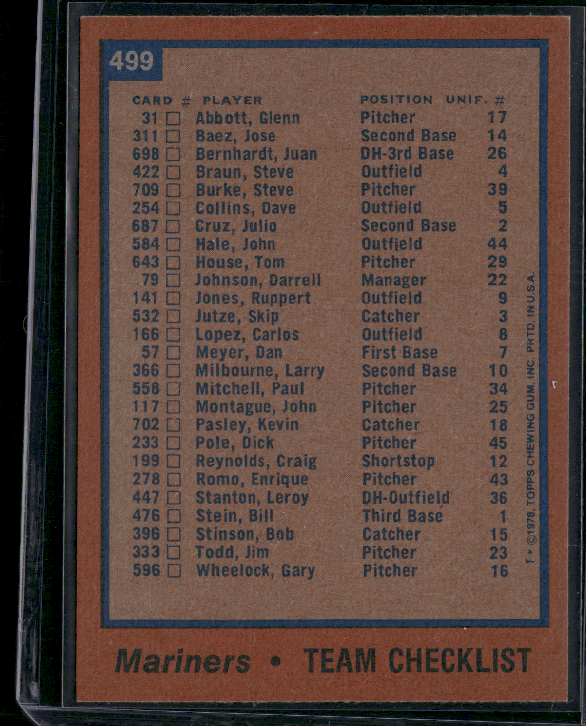 1978 Topps SEATTLE MARINERS #499 (EX-EX/MT)
