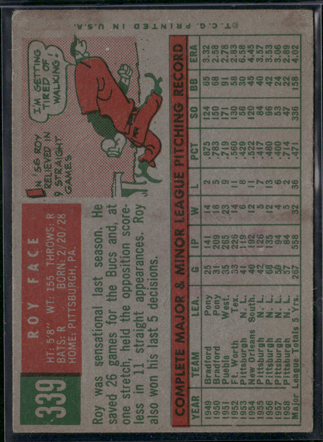 1959 Topps ROY FACE #339 Light Wrinkles (VG-VG/EX)