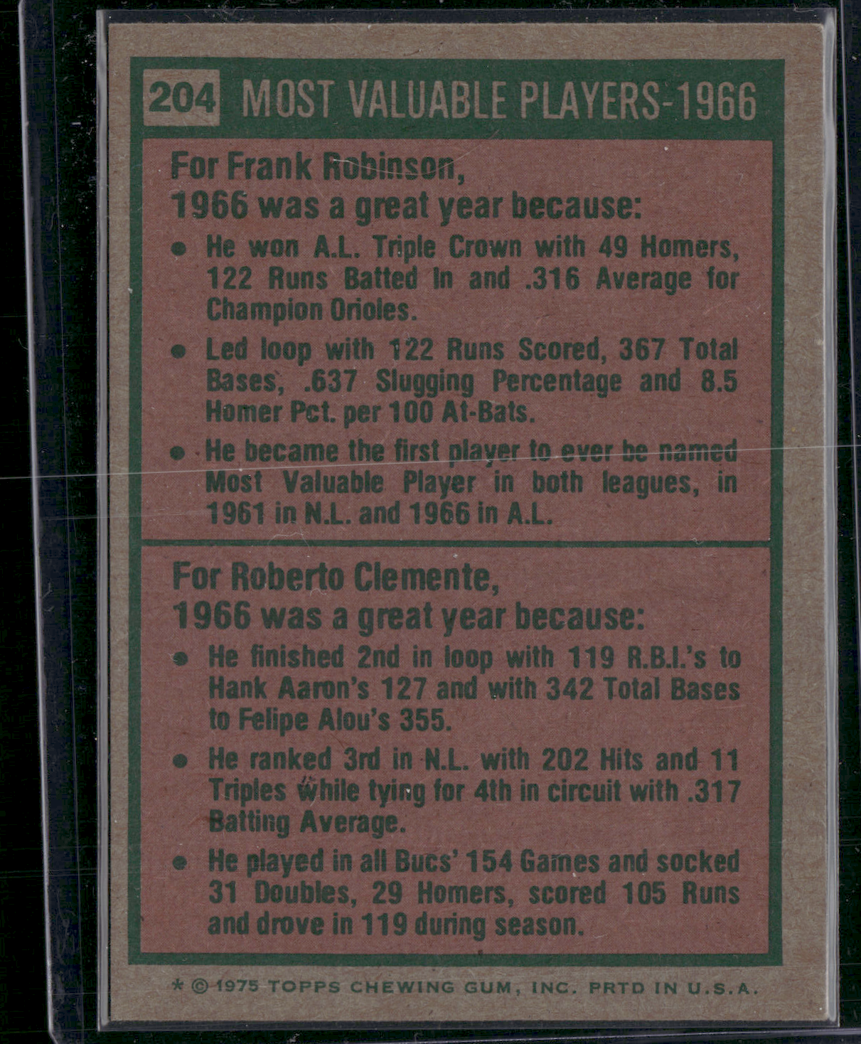 1975 Topps ROBERTO CLEMENTE/FRANK ROBINSON #204 1966 MVP's Wrinkle (VG)