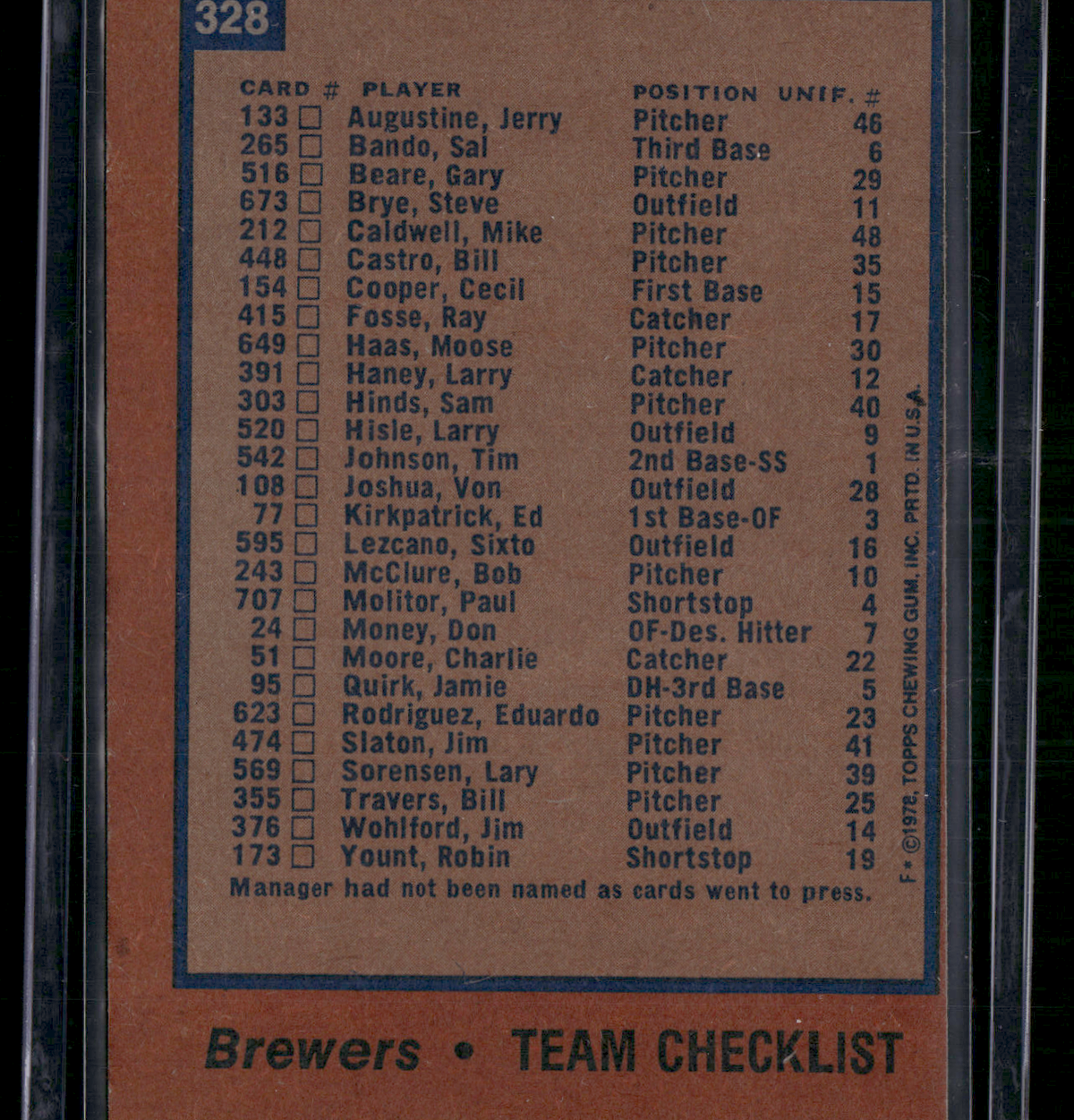 1978 Topps MILWAUKEE BREWERS #328 Miscut (EX)