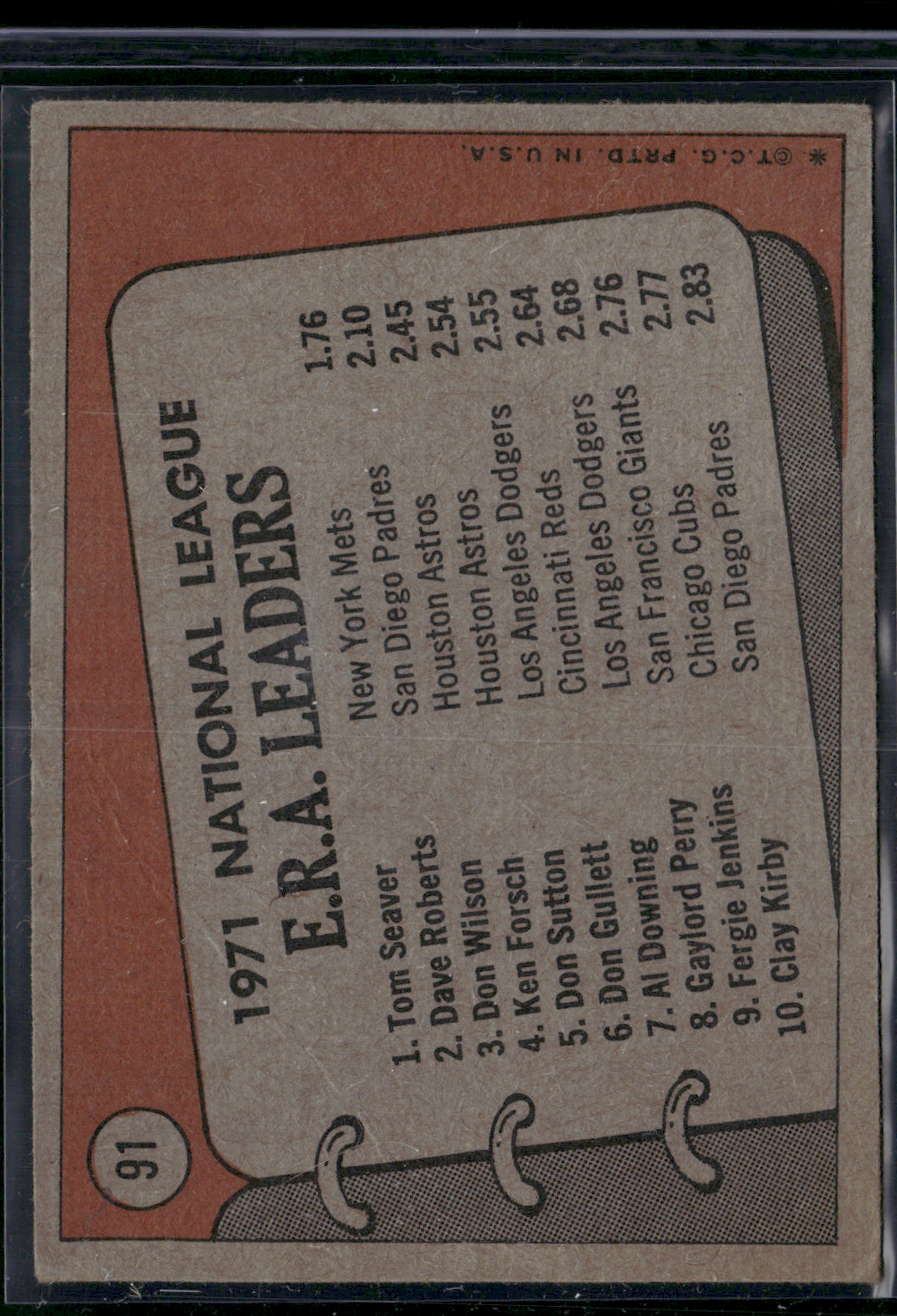 1972 Topps TOM SEAVER/DAVE ROBERTS/WILSON #91 1971 NL ERA Leaders Crease (Good)