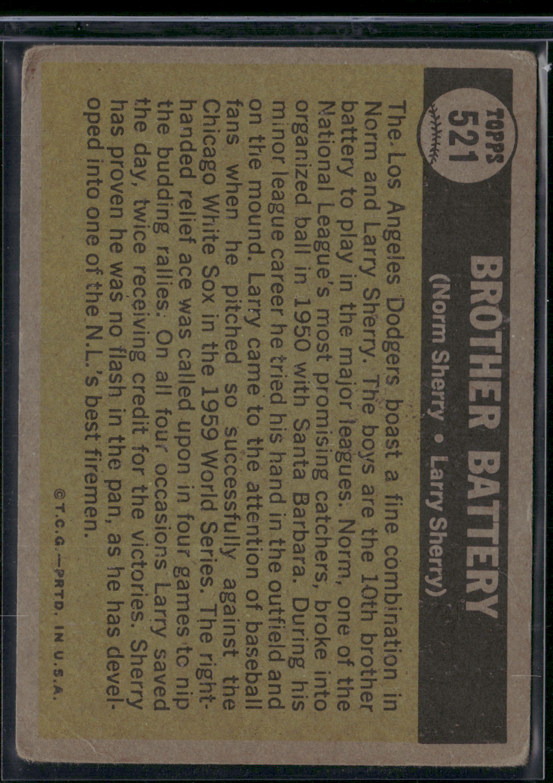 1961 Topps LARRY SHERRY/NORM SHERRY #251 Brother Battery (VG-VG/EX)