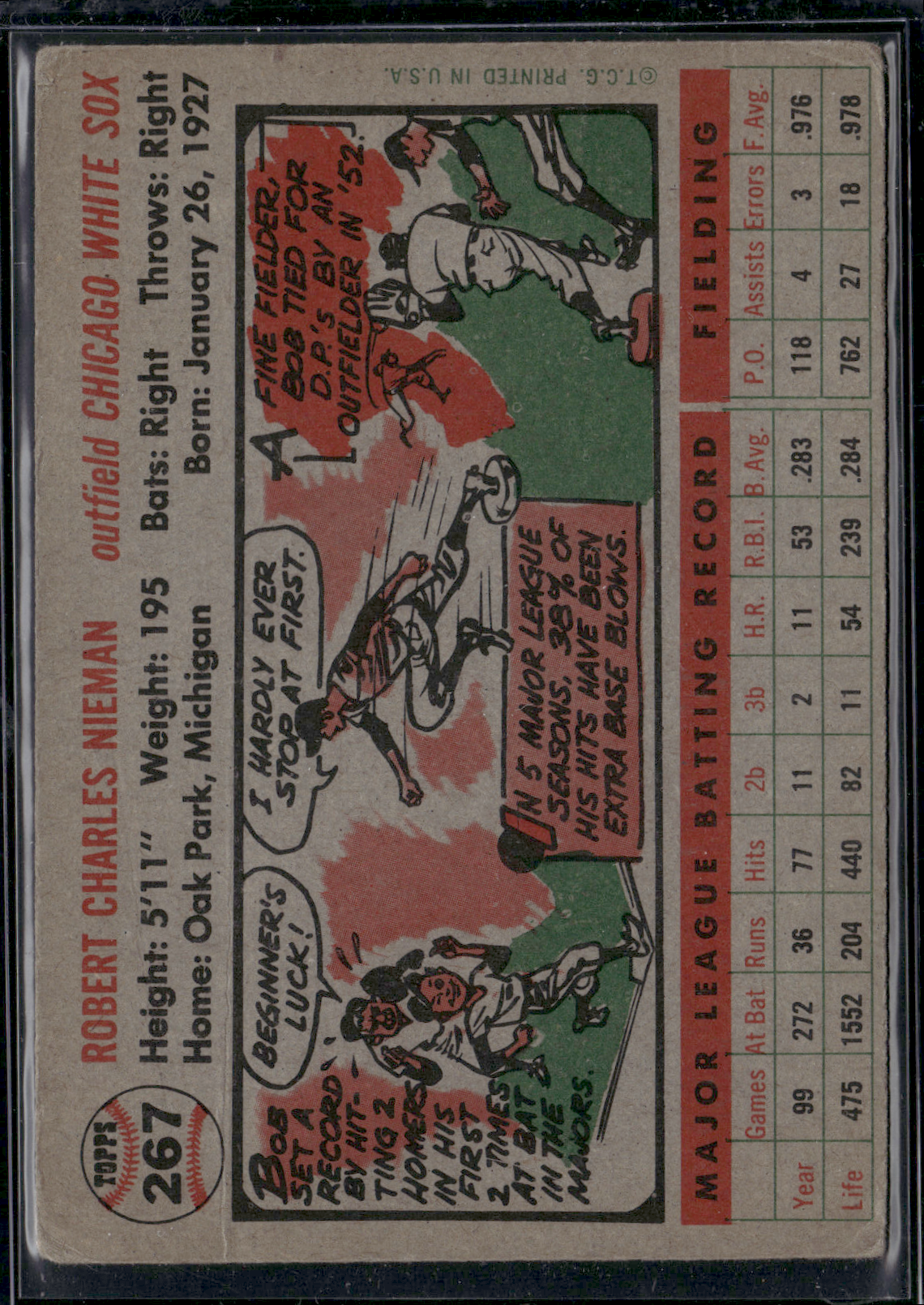 1956 Topps BOB NIEMAN #267 Crease Wrinkling