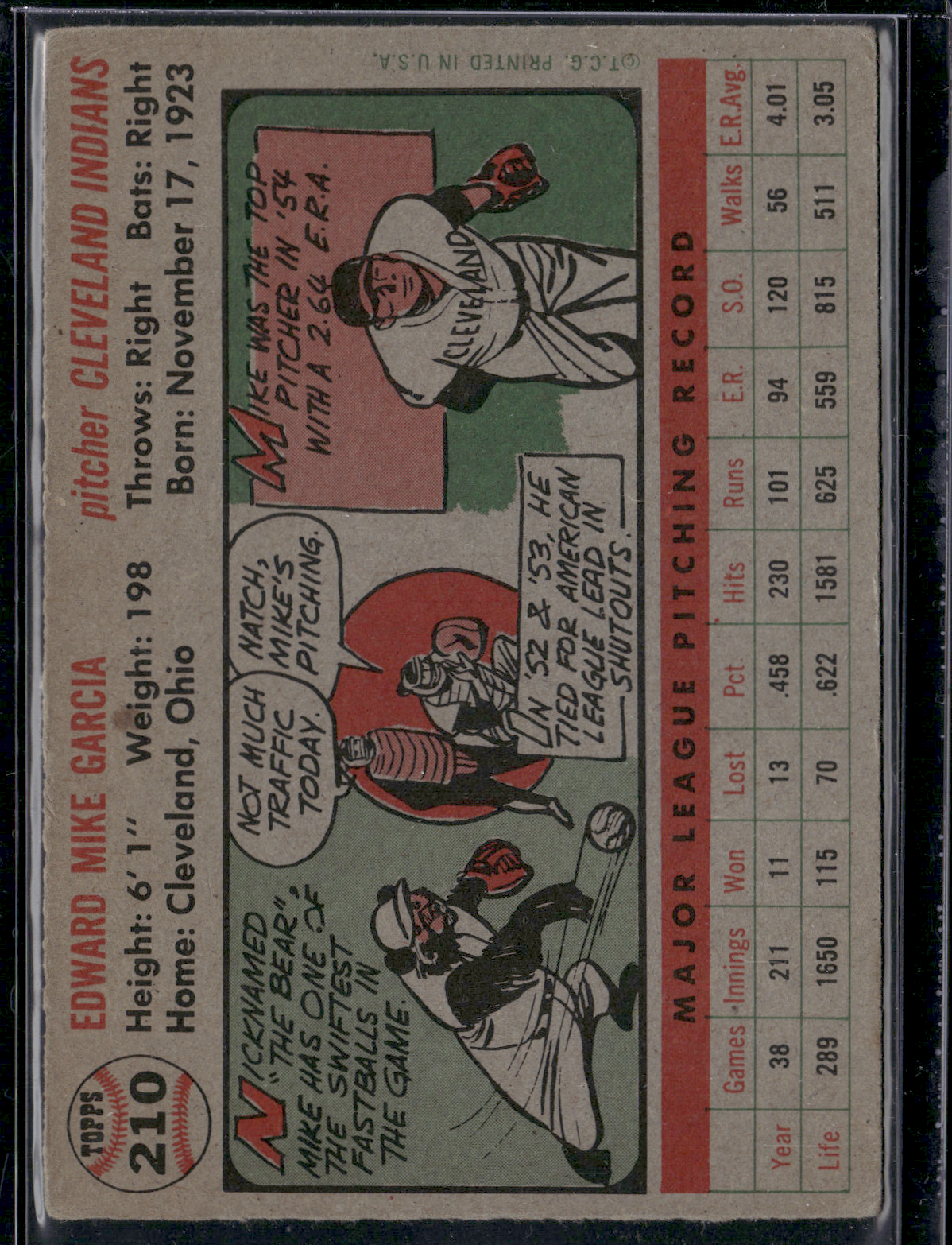 1956 Topps MIKE GARCIA #210 Wrinkles and Paper Loss on Corner