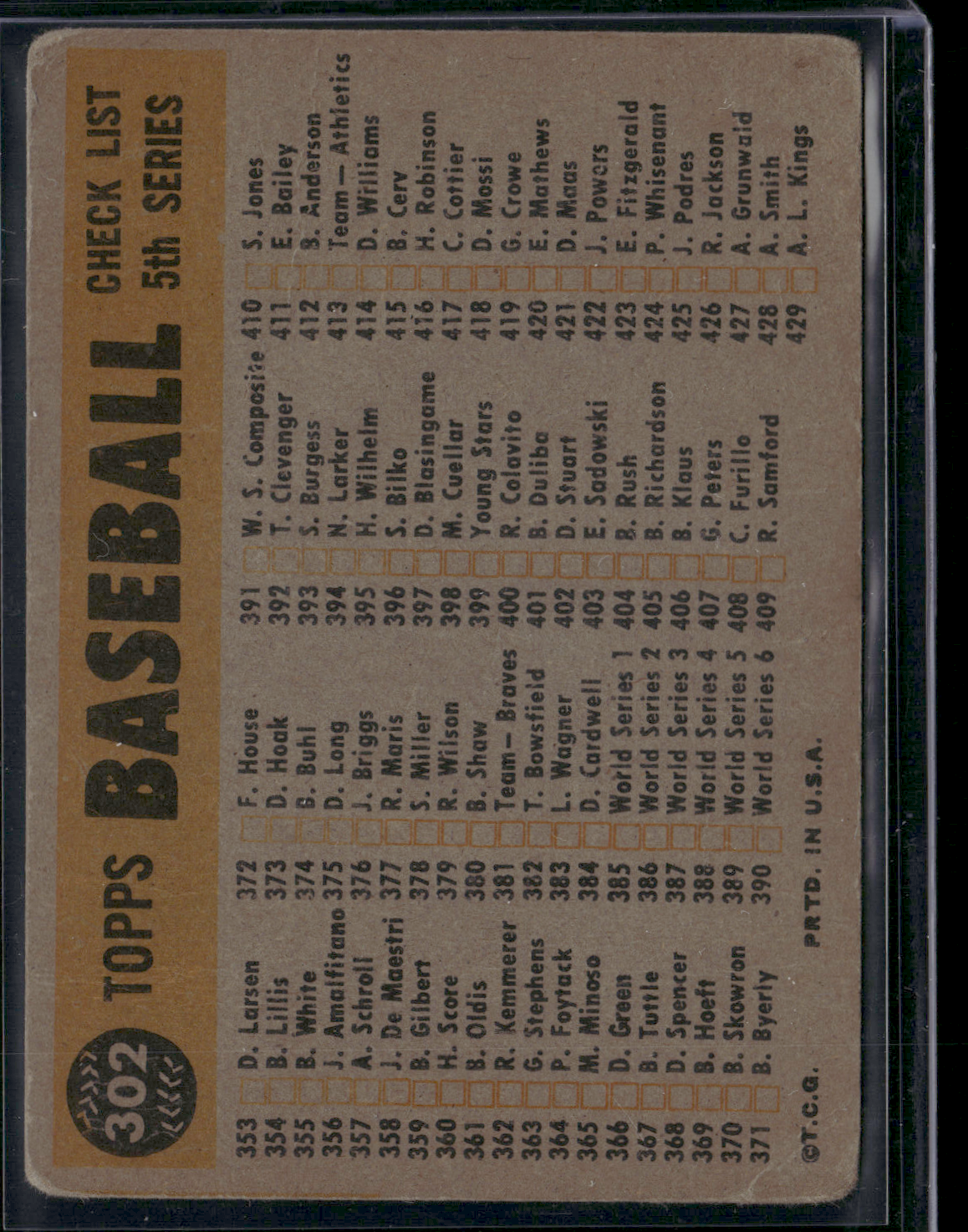 1960 Topps PHILADELPHI PHILLIES #302 Toning Light Wrinkle (VG)