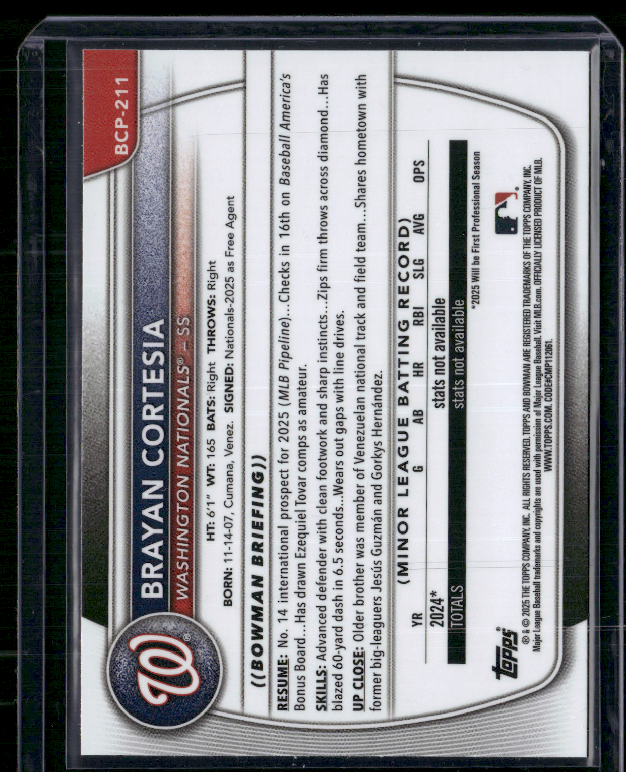 2025 Bowman Chrome BRAYAN CORTESIA #BCP-211 1st Bowman